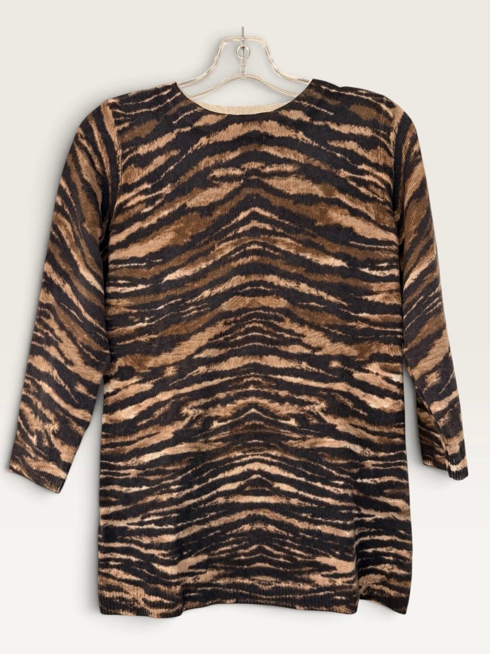 Talbots Pure Cashmere Sweater Tunic S Tiger Zebra Animal Print Brown Black
